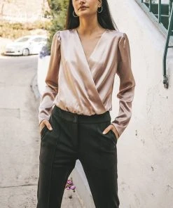 Wanderlust By Abby Chuki Long Sleeve Satin Bodysuit NEW