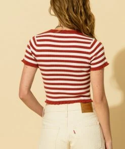 Wanderlust By Abby Stripe Lettuce Edge Crop Knit Top NEW