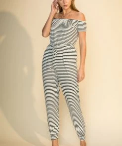 Wanderlust By Abby Striped Off Shoulder Jumpsuit NEW