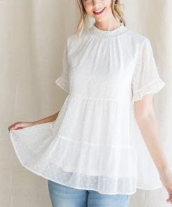 Wanderlust By Abby Swiss Dot Smocked Neck Tiered Top NEW