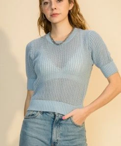 Wanderlust By Abby Open Knit Short Sleeve Crop Sweater NEW