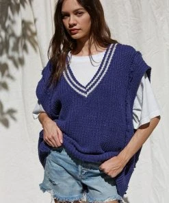 Wanderlust By Abby NEW Navy Knit Sweater Sleeveless V-Neck Oversized Tunic Vest