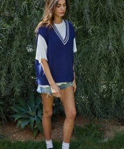 Wanderlust By Abby NEW Navy Knit Sweater Sleeveless V-Neck Oversized Tunic Vest