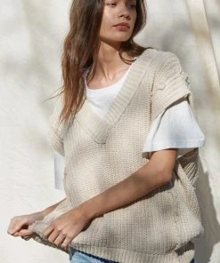 Wanderlust By Abby NEW Beige Knit Sweater Sleeveless V-Neck Tunic Vest