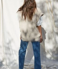 Wanderlust By Abby NEW Beige Knit Sweater Sleeveless V-Neck Tunic Vest