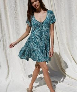 Wanderlust By Abby Teal Jersey Short Sleeve Loose Fit Dress NEW