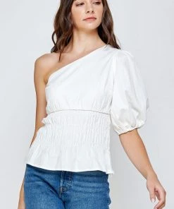 Wanderlust By Abby White One-Shoulder Balloon Sleeve Linen Top NEW