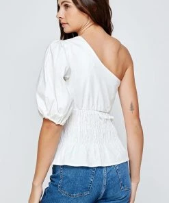 Wanderlust By Abby White One-Shoulder Balloon Sleeve Linen Top NEW