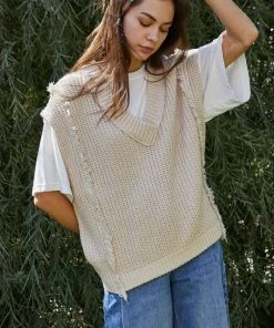 Wanderlust By Abby NEW Beige Knit Sweater Sleeveless V-Neck Tunic Vest