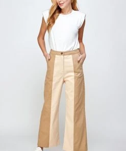 Wanderlust By Abby NEW Sand And Taupe Color Block Top Stitch Detail Pants