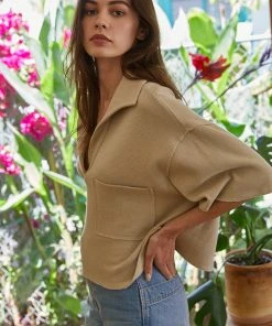 Wanderlust By Abby Knit Hacci Short Sleeve Over-sized Collared Crop Top