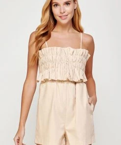 Wanderlust By Abby Oatmeal Front Ruffle Sleeveless Romper NEW
