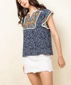 Wanderlust By Abby Dotted Embroidered Fringe Top