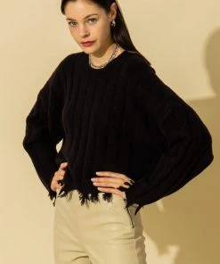 Wanderlust By Abby Frayed Trim Drop Shoulder Round Neck Sweater