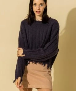 Wanderlust By Abby Frayed Trim Drop Shoulder Round Neck Sweater