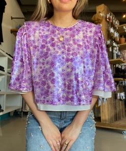 2.7 August Apparel NEW Floral Print Sequin Top