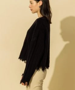 Wanderlust By Abby Frayed Trim Drop Shoulder Round Neck Sweater