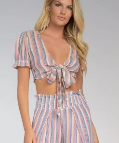Wanderlust By Abby NEW Multi-Stripe Top With Tie Front