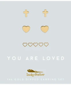 Lucky Feather Cross & Hearts Earring Set