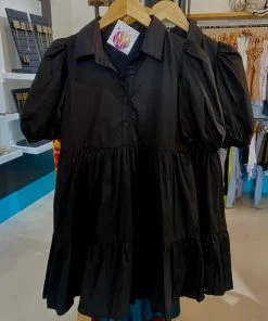 Wanderlust By Abby CLOTHING Black Button Down Puff Sleeve Dress