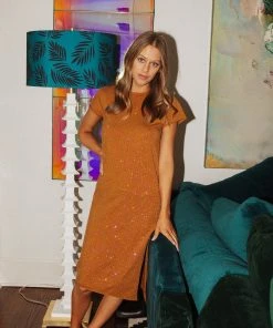 Queen Of Sparkles NEW QOS Brown Rhinestone Midi Dress