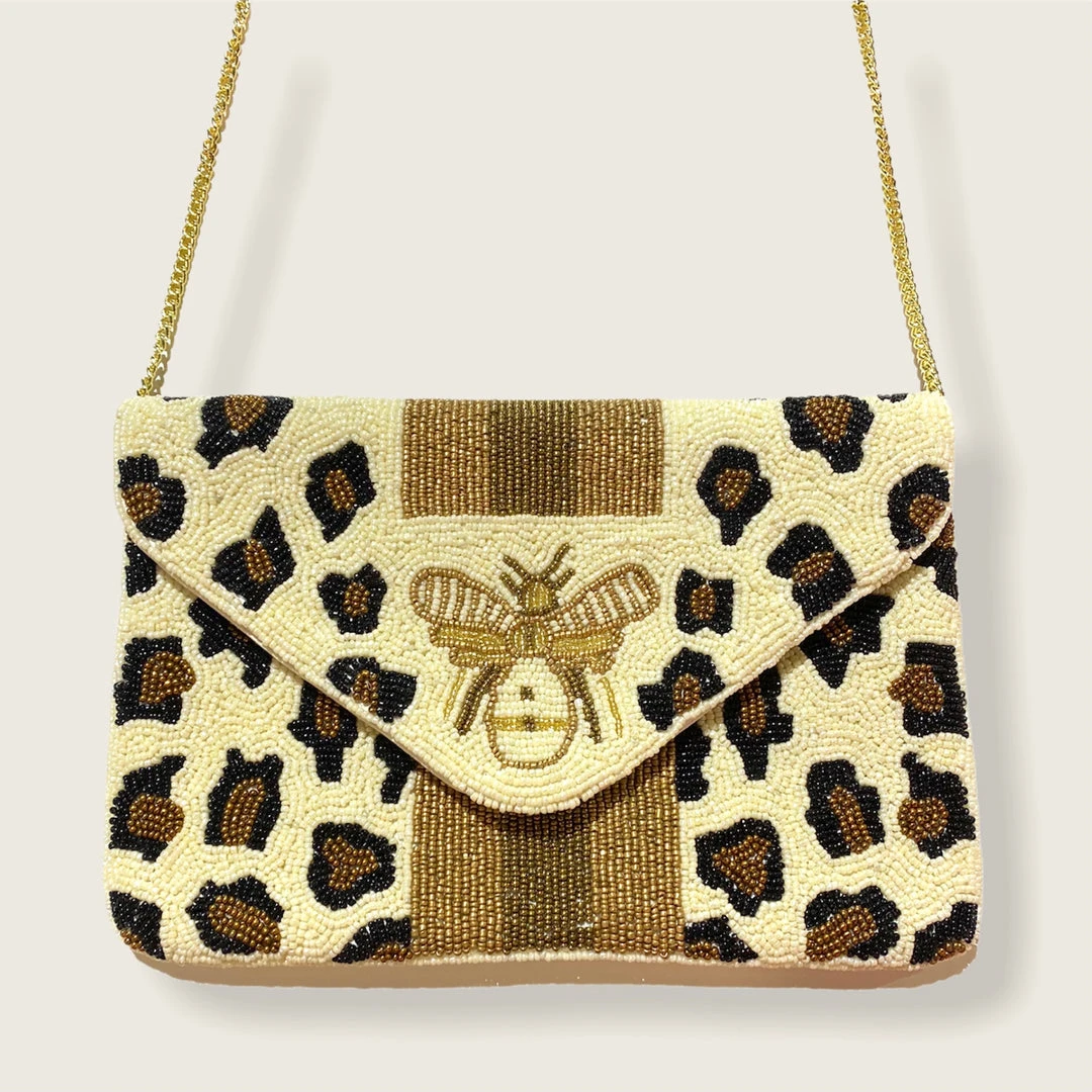 Wanderlust By Abby NEW White Cheetah Bee Beaded Purse 3 Wanderlust By Abby NEW White Cheetah Bee Beaded Purse