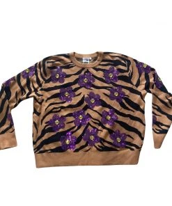 Queen Of Sparkles CLOTHING TIGER PRINT SEQUIN FLOWER SWEATER