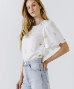 Wanderlust By Abby NEW Embroidery Scallop Edge Top