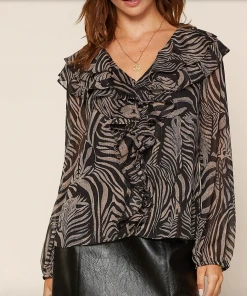 W Printed Ruffle Chiffon Top