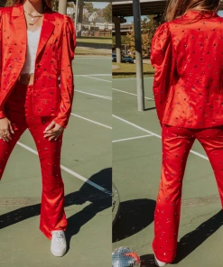 Queen Of Sparkles Red Poof Sleeve Rhinestone Blazer