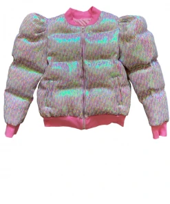 Queen Of Sparkles Pink Multi Sequin Poof Puffer Jacket