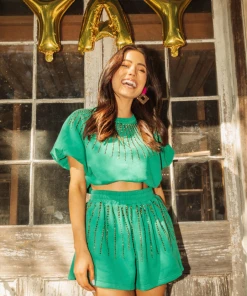Queen Of Sparkles Kelly Green Burst Top NEW
