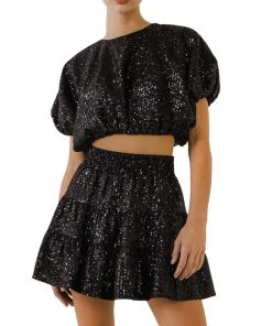 Wanderlust By Abby NEW Black Sequin Cropped Puff Top