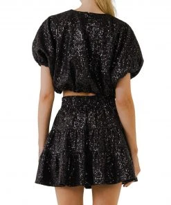 Wanderlust By Abby NEW Black Sequin Cropped Puff Top
