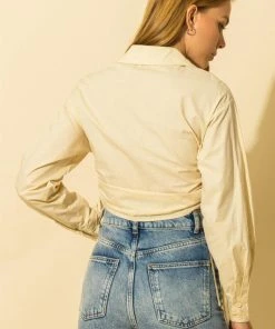 Wanderlust By Abby Drawstring Ruched Crop Button Down Blouse NEW 5 Wanderlust By Abby Drawstring Ruched Crop Button Down Blouse NEW