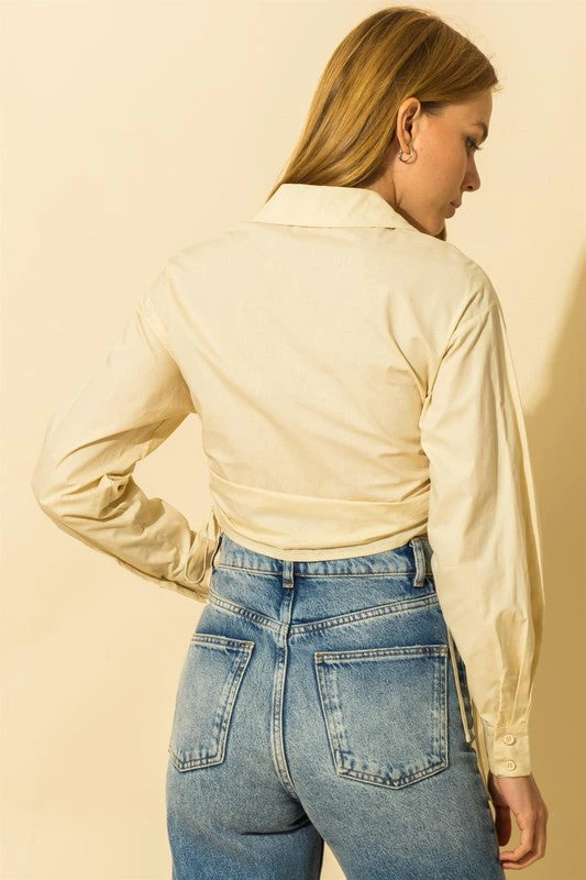 Wanderlust By Abby Drawstring Ruched Crop Button Down Blouse NEW 4 Wanderlust By Abby Drawstring Ruched Crop Button Down Blouse NEW