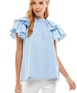 Wanderlust By Abby NEW Light Blue Ruffle Shoulder Blouse