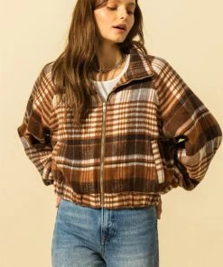 Wanderlust By Abby Plaid Raglan Sleeve Zip Up Jacket
