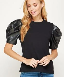 Wanderlust By Abby NEW Faux Leather Puff Sleeve Top