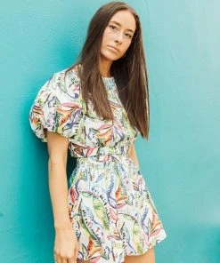 Queen Of Sparkles QOS Tropical Puff Sleeve Jeweled Crop Top CLOTHING