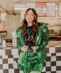 Queen Of Sparkles QOS Green Poof Sleeve Sequin Blazer NEW