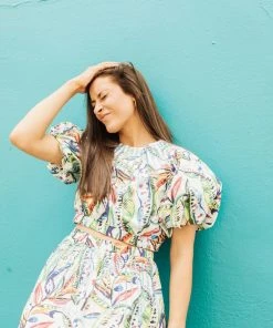 Queen Of Sparkles QOS Tropical Puff Sleeve Jeweled Crop Top CLOTHING