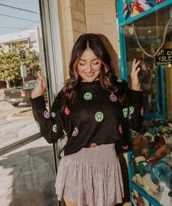 Queen Of Sparkles Black Neon Smiley Sweater