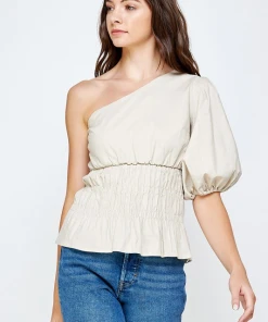 Wanderlust By Abby One-Shoulder Balloon Sleeve Linen Top