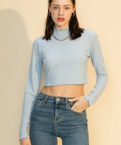 Wanderlust By Abby Lettuce Edge Mock Neck Long Sleeve NEW