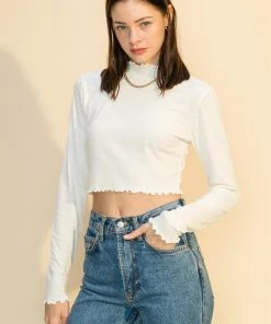 Wanderlust By Abby Lettuce Edge Mock Neck Long Sleeve NEW