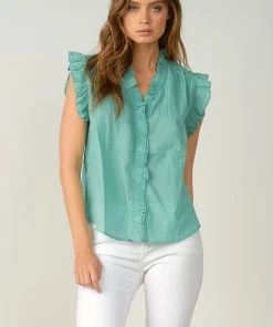 Wanderlust By Abby Sleeveless Ruffle Teal Top